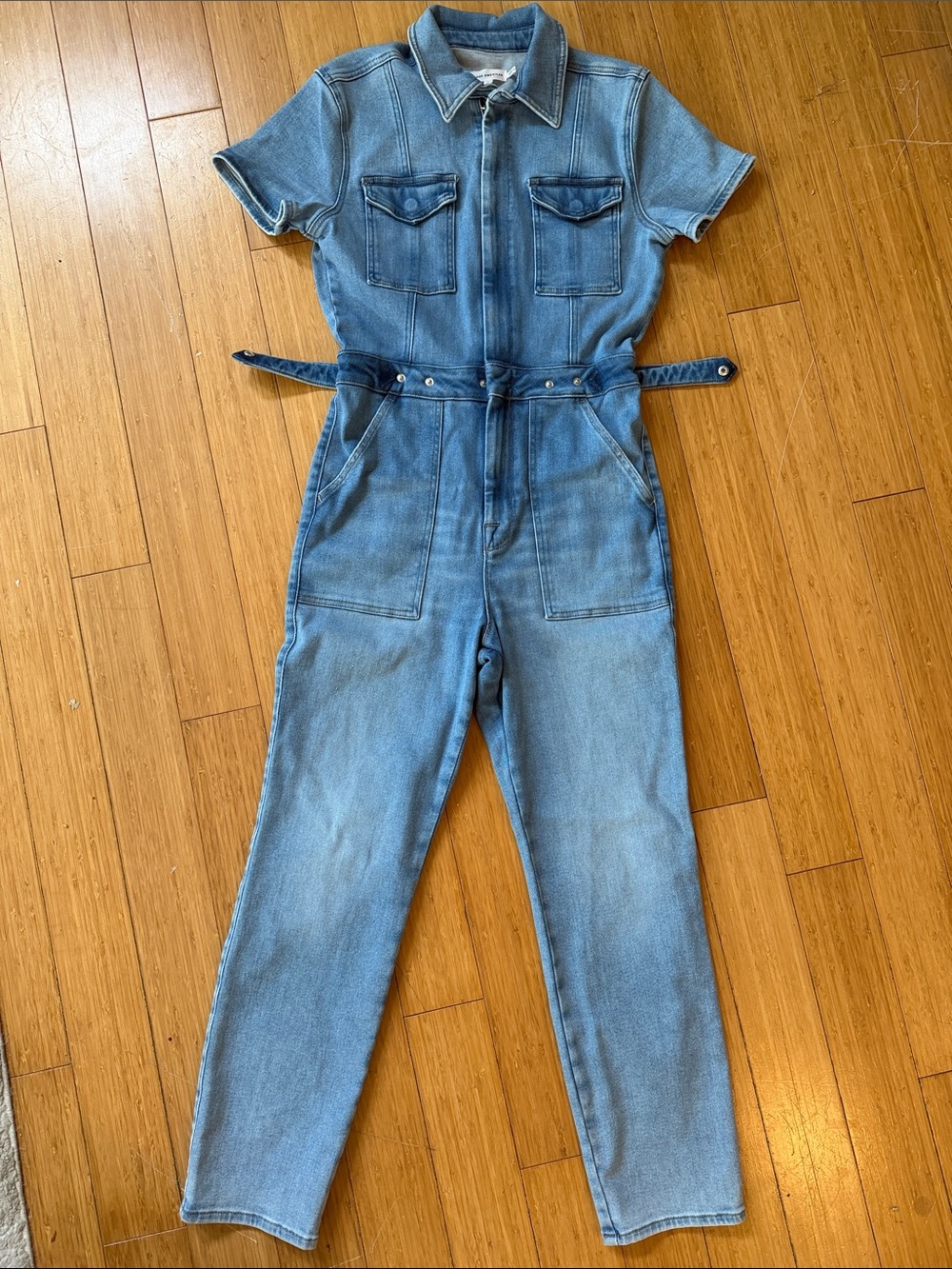 Good American Washed Blue Denim Short-Sleeve Utility Jumpsuit